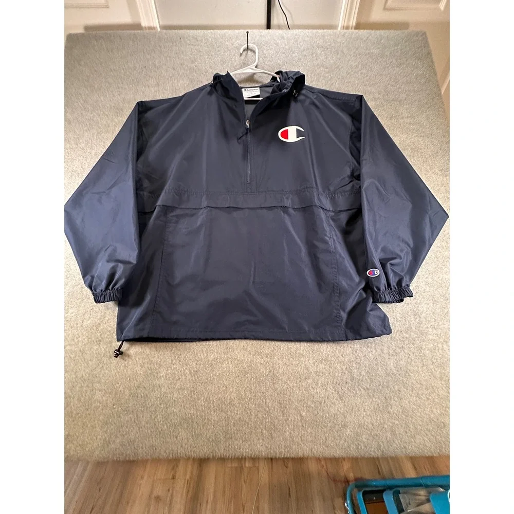 Champion Mens Packable Anorak Windbreaker Jacket Navy Blue Pullover Big C Logo